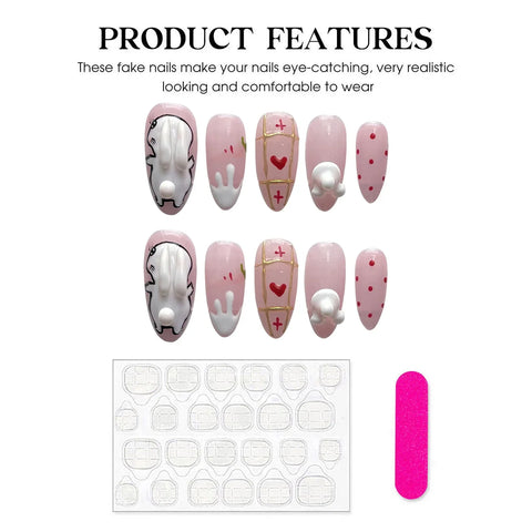 10pcs White Rabbit Press On Nails Handmade Pink Almond Fake Nail Patches With Gold Stripe Love Heart Decor Wearable False Nails