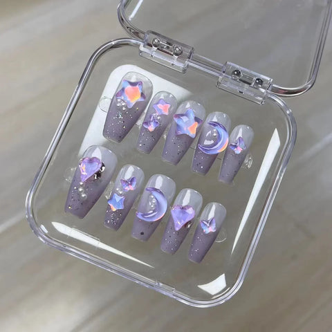 10pcs Detachable Press on Nails Sugar Cream Sparkling Handmade Fake Nails Glossy Purple False Nail Tips With 3D Moon Star Design