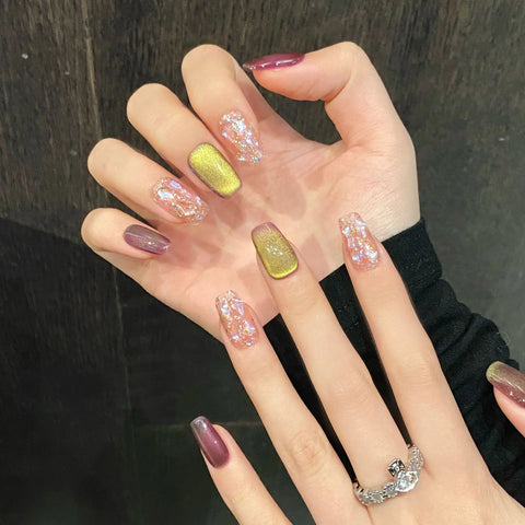 10pcs New Two Color Press On Nails Handmade Glossy Glass Beads Cat's Eye False Nails Shiny Sequins Designs DIY Fake Nail Tips
