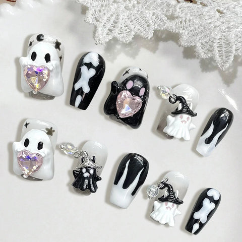 10pcs Halloween Theme False Nail Tips 3D Devil Love Heart Designs Press On Nails Rose Pink Short Round Handmade Fake Nails Art