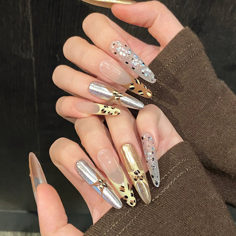 10pcs Vintage Leopard Print French Press On Nails Y2k Magic Mirror Dark Brown Handmade Fake Nails Flash Sequins False Nail Tips