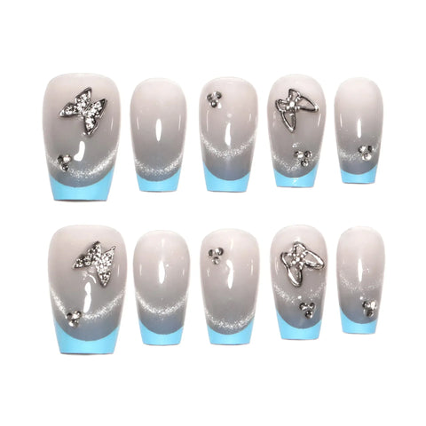 10pcs Blue Edge French Tips Press On Nails Handmade Grey Cat's Eye False Nail With Metal Butterfly Decor Short Reusable Manicure