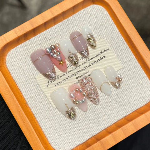 10pcs Blush Pink Fake Nail Patches Handmade Pearl Love Heart Press On Nails Planet Cross Designs Detachable Almond