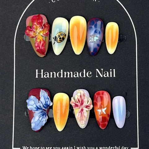 10pcs Hand Carved 3D Devil Flower Press On Nails Gradient Rose Pink Almond Handmade False Nails Shiny Sequins Summer Fake Nail