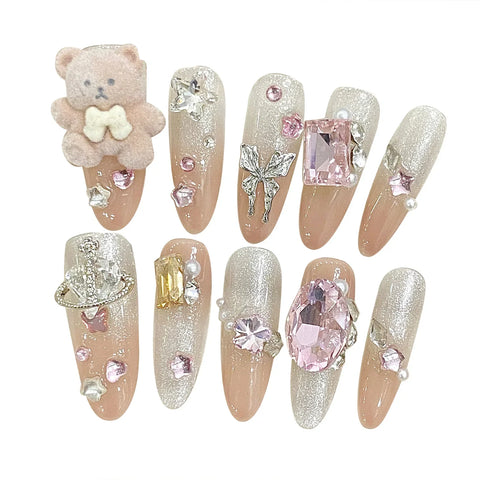 10pcs Handmade Press On Nails Glitter Diamond Butterfly Cute Bear Decor False Nail Tips Wearable French Style Fake Nail Patches