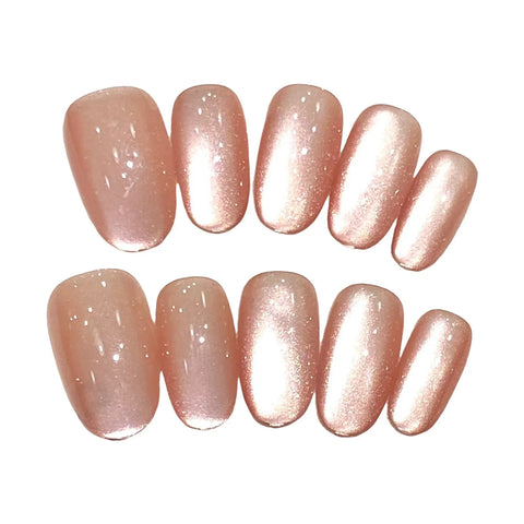 10pcs Handmade Press On Nails Glossy Nude Color Flash Cat's Eye False Nail Tips Full Cover Ballerina Wearable Fake Nail Patches