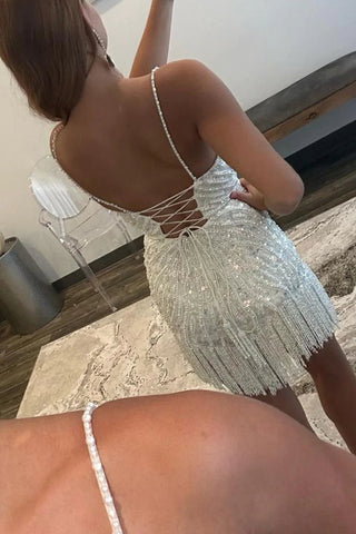 Sparkly Bodycon Spaghetti Straps Blue Lace-Up Back Short Homecoming Dress with Beading
