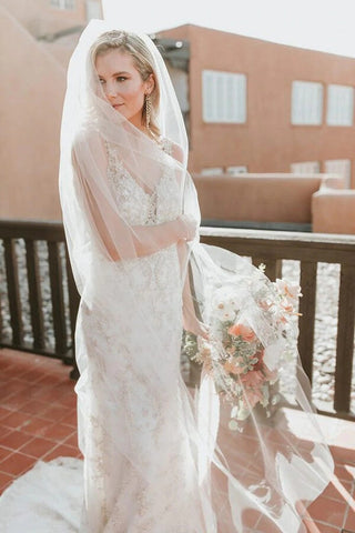 Sheath Beaded V-neck Backless Lace Wedding Dresses, Wedding Gowns