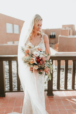 Sheath Beaded V-neck Backless Lace Wedding Dresses, Wedding Gowns