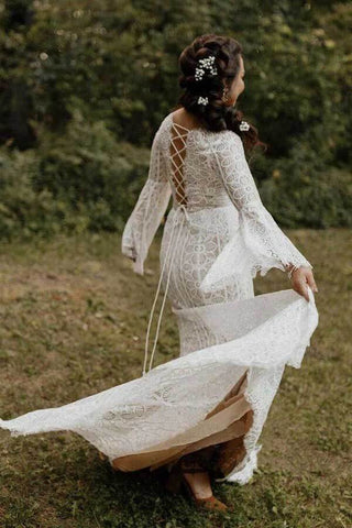 Etui-Linie, lange Ärmel, Schnürung am Rücken, Strand-Hochzeitskleid, Brautkleid