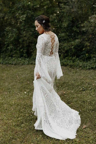 Etui-Linie, lange Ärmel, Schnürung am Rücken, Strand-Hochzeitskleid, Brautkleid
