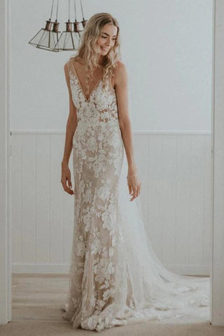 Sheath V-neck Lace Wedding dresses With Chapel Train, Wedding Gowns