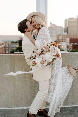 Sheath V-neck Long Sleeves Lace Wedding Dress With Short Train