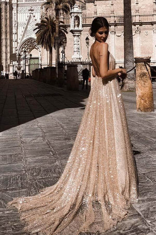 Shiny A-line V-neck Spaghetti Straps Long Prom Dresses, Evening Gown