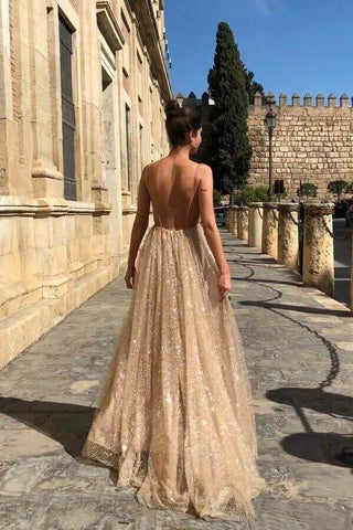 Shiny A-line V-neck Spaghetti Straps Long Prom Dresses, Evening Gown