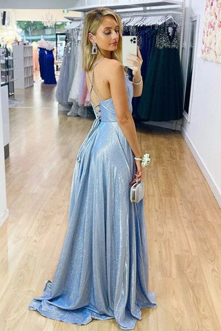 A-line V-neck Long Prom Dresses, Evening Dress with Side Slit