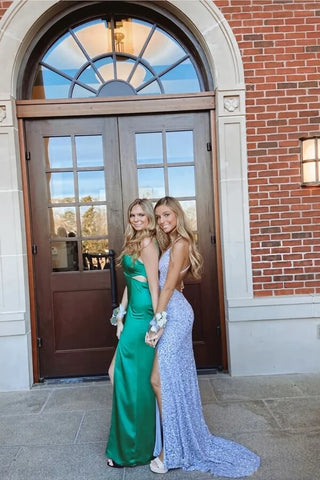 Sequins Mermaid V-neck Prom Dresses With Slit, Evening Dress