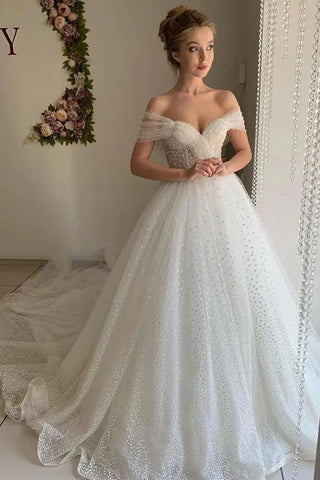 Glänzendes elfenbeinfarbenes Tüll-A-Linien-Brautkleid mit schulterfreiem Schnitt