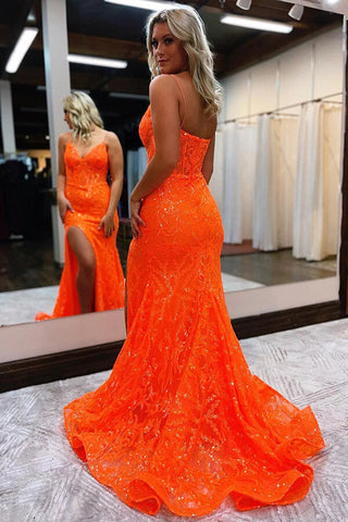 Glänzend orange Meerjungfrau V-Ausschnitt Spitze Ballkleid mit Schlitz, Partykleid