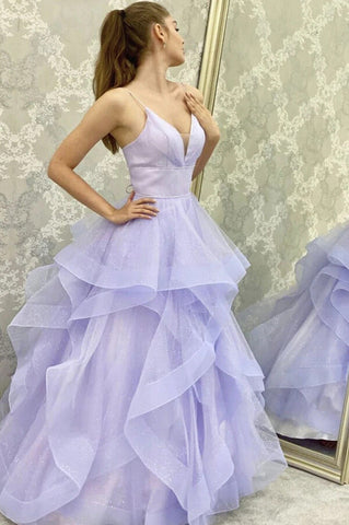 Shiny Purple Tulle A-line V-neck Prom Dress, Spaghetti Straps Evening Gown