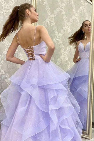 Shiny Purple Tulle A-line V-neck Prom Dress, Spaghetti Straps Evening Gown