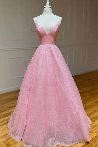 Shiny Tulle A-line Spaghetti Straps Prom Dresses, Long Formal Dresses