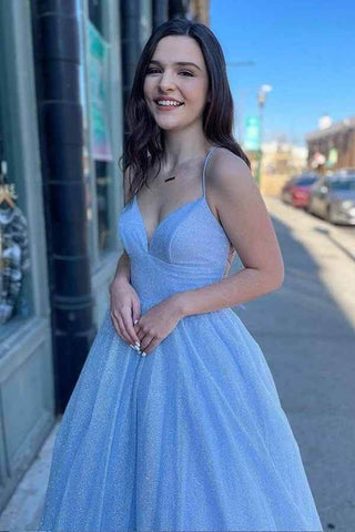 Shiny Tulle A-line Spaghetti Straps Prom Dresses, Long Formal Dresses