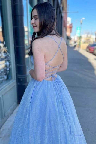 Shiny Tulle A-line Spaghetti Straps Prom Dresses, Long Formal Dresses