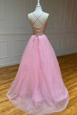 Shiny Tulle A-line Spaghetti Straps Prom Dresses, Long Formal Dresses