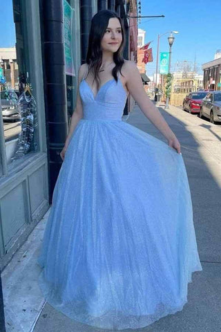 Shiny Tulle A-line Spaghetti Straps Prom Dresses, Long Formal Dresses