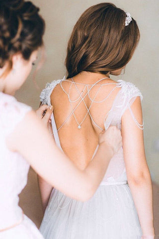 Silver Tulle Rustic Cap Sleeves Boho Wedding Dresses, Wedding Gown