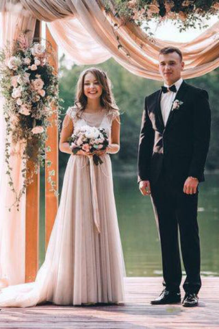 Silver Tulle Rustic Cap Sleeves Boho Wedding Dresses, Wedding Gown