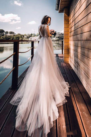 Silver Tulle Rustic Cap Sleeves Boho Wedding Dresses, Wedding Gown