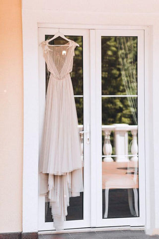 Silver Tulle Rustic Cap Sleeves Boho Wedding Dresses, Wedding Gown