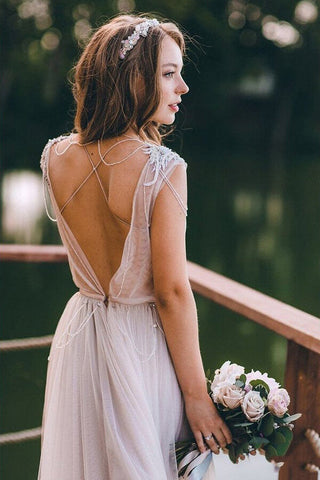 Silver Tulle Rustic Cap Sleeves Boho Wedding Dresses, Wedding Gown