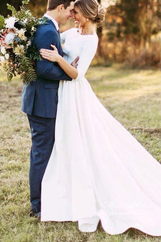 Simple 3/4 Sleeves Backless Modest Wedding Dresses, Bridal Gowns