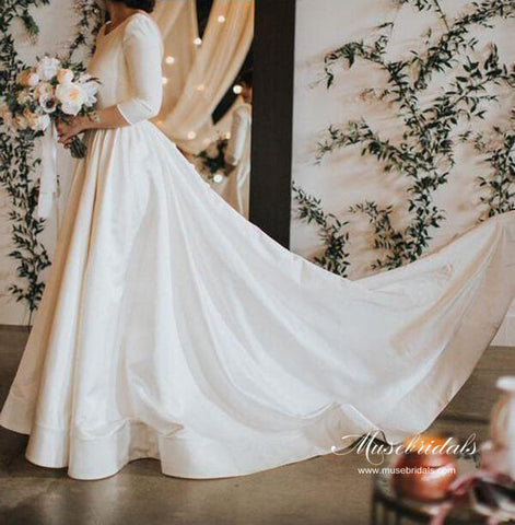 Simple 3/4 Sleeves Backless Modest Wedding Dresses, Bridal Gowns