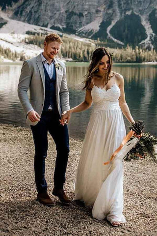 Simple A-line Lace Spaghetti Straps Beach Wedding Dresses With Train