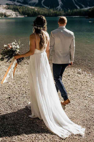 Simple A-line Lace Spaghetti Straps Beach Wedding Dresses With Train