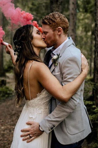 Simple A-line Lace Spaghetti Straps Beach Wedding Dresses With Train
