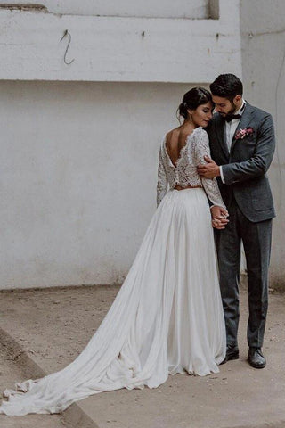 Simple A-line Two-piece Bateau Long Sleeves Lace Wedding Dresses