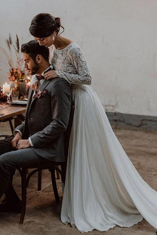 Simple A-line Two-piece Bateau Long Sleeves Lace Wedding Dresses