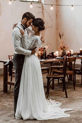 Simple A-line Two-piece Bateau Long Sleeves Lace Wedding Dresses