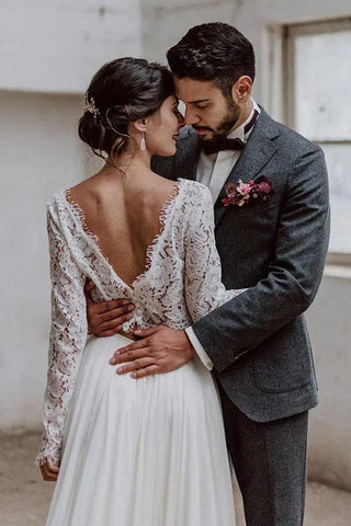 Simple A-line Two-piece Bateau Long Sleeves Lace Wedding Dresses