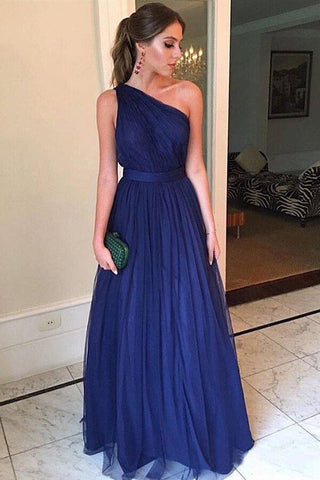 Tulle A-line One Shoulder Long Prom Dresses, Evening Gown