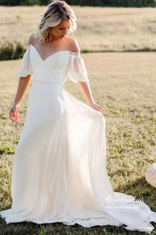 Schlichte Chiffon A-Linie Off Shoulder Strand Brautkleider mit Schleppe
