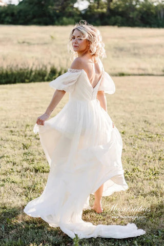 Schlichte Chiffon A-Linie Off Shoulder Strand Brautkleider mit Schleppe