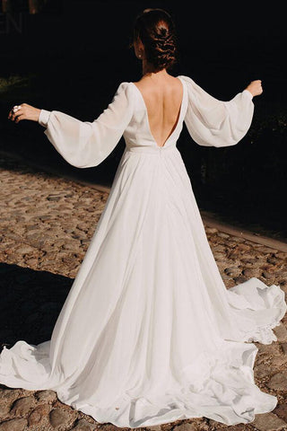Simple Chiffon A-line Puffy Sleeves Beach Wedding Dress, Bridal Gown