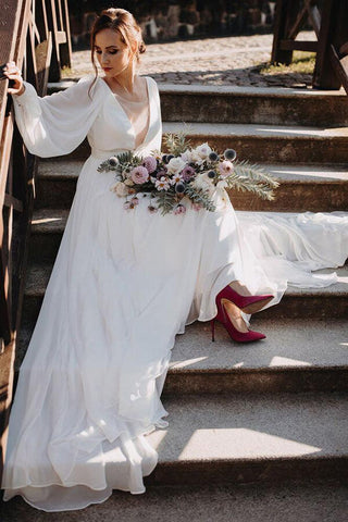 Simple Chiffon A-line Puffy Sleeves Beach Wedding Dress, Bridal Gown