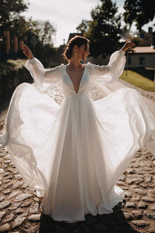 Simple Chiffon A-line Puffy Sleeves Beach Wedding Dress, Bridal Gown